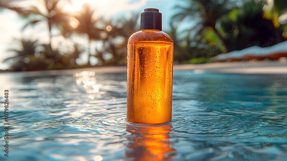 Bright Amber Bottle of Liquid Floating in a Clear Pool Surrounded by Lush Green Palm Trees and Sunlit Tropical Landscape at Sunset Bright Amber Bottle of Liquid Floating in a Clear Pool Surrounded by Lush Green Palm Trees and Sunlit Tropical Landscape at Sunset