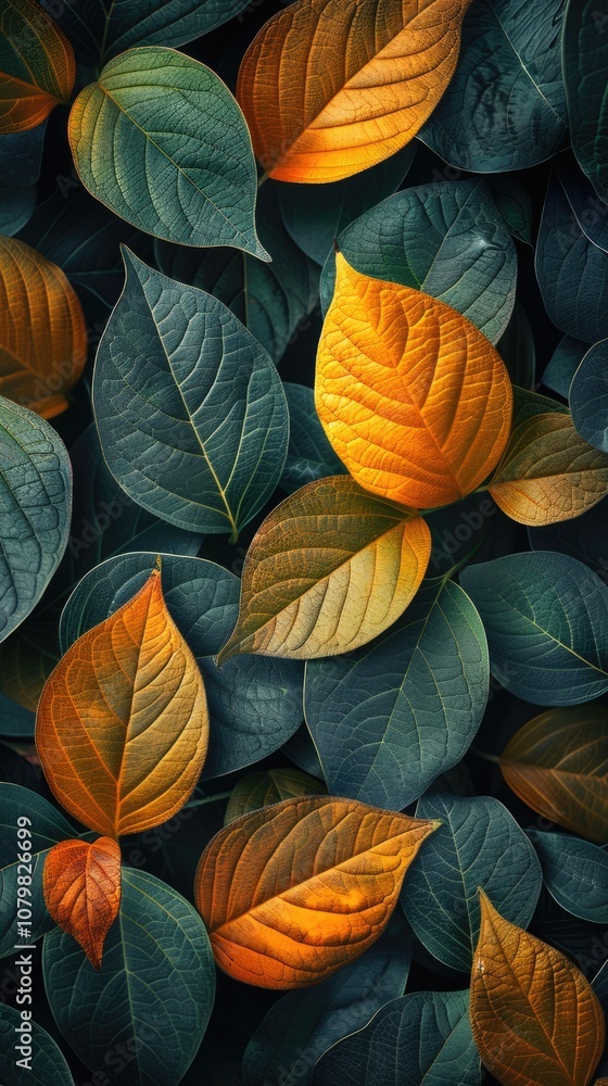 Abstract vertical pattern featuring leaves in shades of green and orange, vibrant and harmonious, designed for mobile wallpaper. Greenery, textured foliage, and display. Abstract vertical pattern featuring leaves in shades of green and orange, vibrant and harmonious, designed for mobile wallpaper. Greenery, textured foliage, and display.