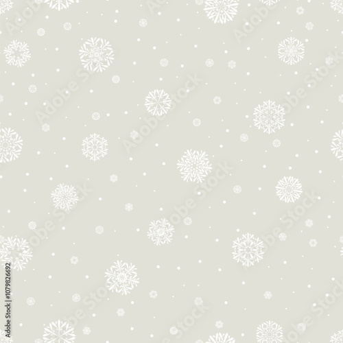 gray winter repetitive background with white snowflakes. vector seamless pattern. wrapping paper. fabric swatch. christmas design template for greeting card, banner, flyer, invitation, textile