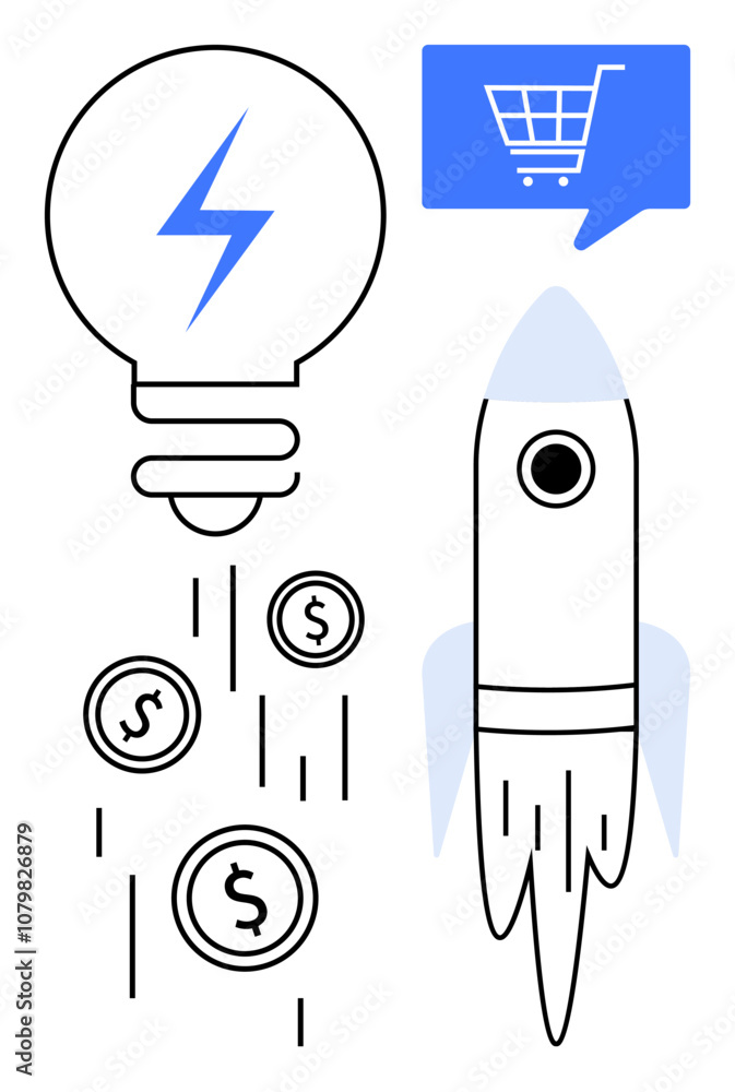Light bulb with blue lightning and dollar coins, rocket ship, and blue shopping cart icon. Ideal for entrepreneurship, startups, e-commerce, innovation, finance, investment, and technology. Line Light bulb with blue lightning and dollar coins, rocket ship, and blue shopping cart icon. Ideal for entrepreneurship, startups, e-commerce, innovation, finance, investment, and technology. Line