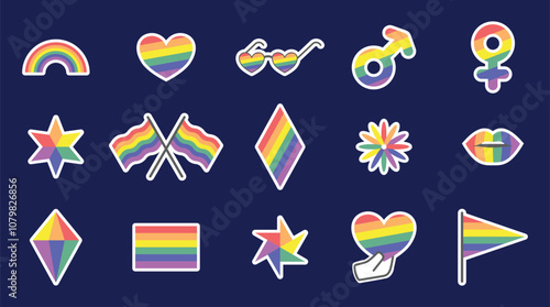 Vibrant LGBTQ pride icons in a stylish sticker pack. Perfect for pride campaigns, inclusivity themes, and creative LGBTQ visuals.