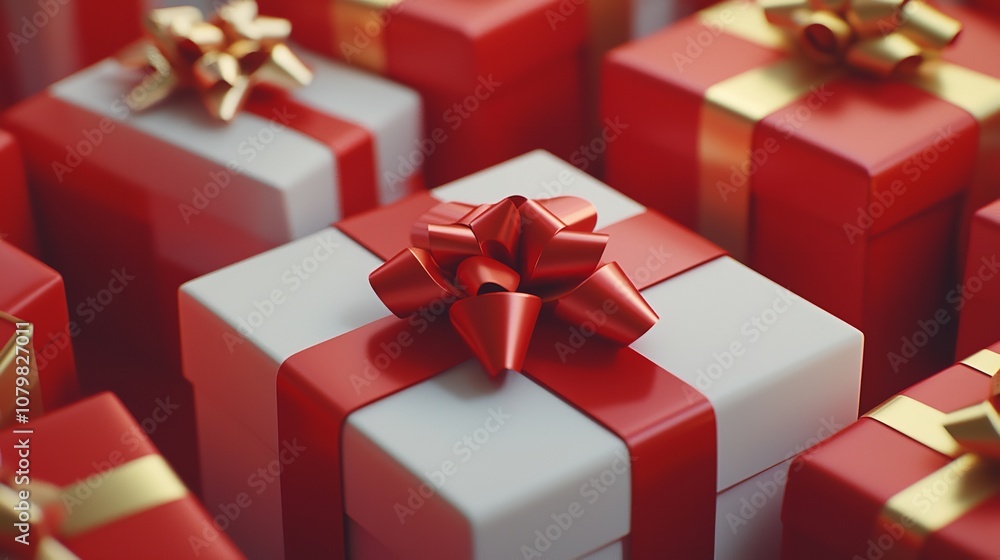 A collection of red and white gift-wrapped presents with festive ribbons. A collection of red and white gift-wrapped presents with festive ribbons.