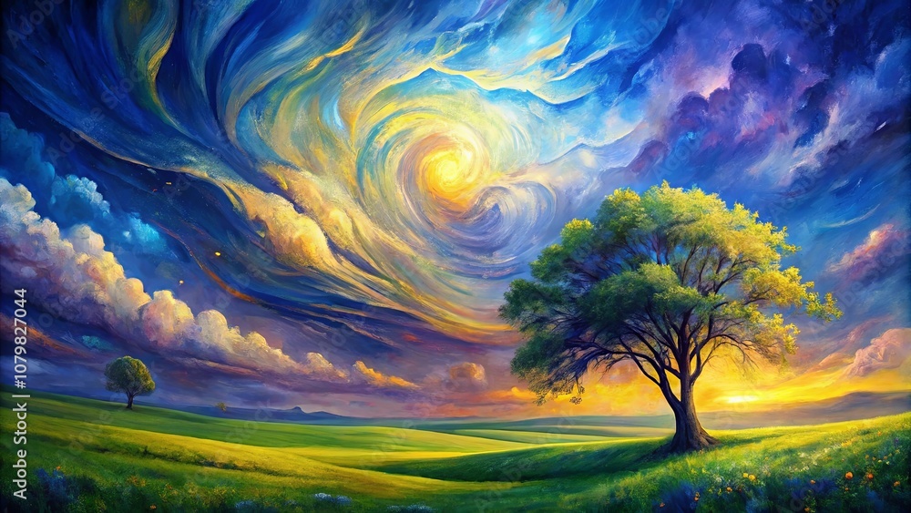 Fototapeta premium A solitary tree stands tall against a backdrop of swirling clouds, bathed in the golden light of a setting sun, creating a serene and dreamlike landscape.