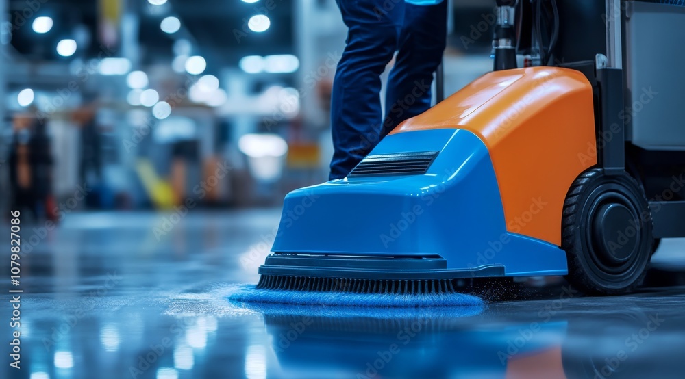 An industrial floor cleaner cleaning the concrete surface at a commercial warehouse. An industrial floor cleaner cleaning the concrete surface at a commercial warehouse.