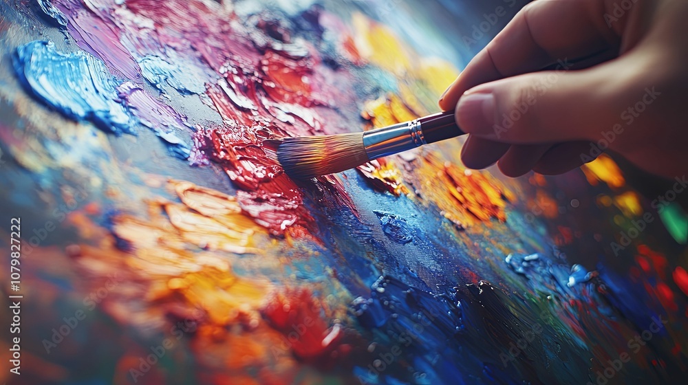 A Hand Holding a Paintbrush Mixing Colorful Paint on a Palette A Hand Holding a Paintbrush Mixing Colorful Paint on a Palette
