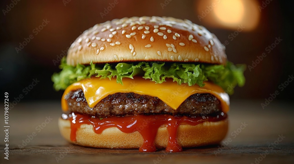 Mouthwatering Cheeseburger with Dripping Condiments in Bright, Vibrant Colors Mouthwatering Cheeseburger with Dripping Condiments in Bright, Vibrant Colors