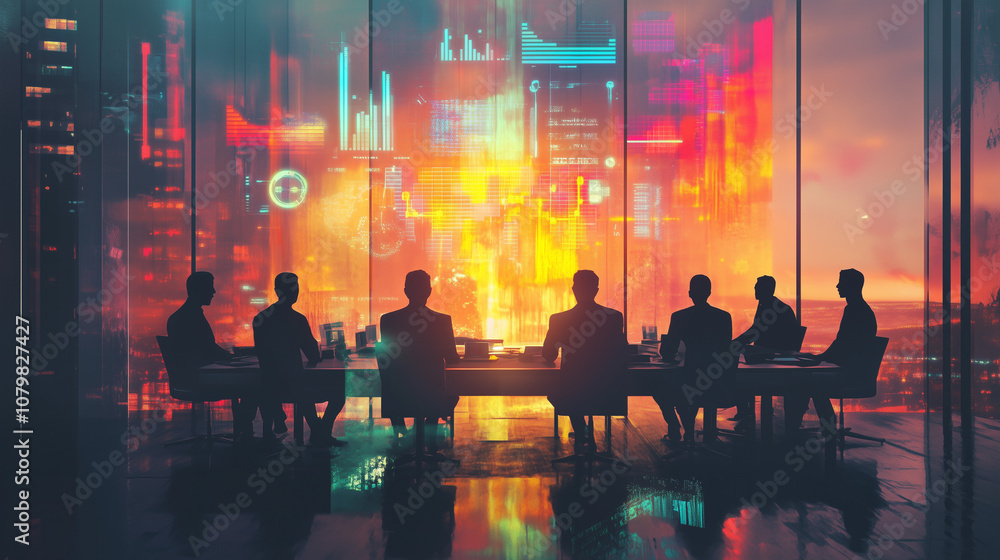 A digital artwork of a business meeting with silhouettes sitting around a table, facing a bright window. Holographic data overlays of graphs, bar charts, and futuristic icons float above the table. A digital artwork of a business meeting with silhouettes sitting around a table, facing a bright window. Holographic data overlays of graphs, bar charts, and futuristic icons float above the table.