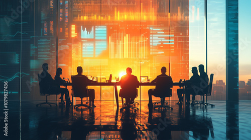 A digital artwork of a business meeting with silhouettes sitting around a table, facing a bright window. Holographic data overlays of graphs, bar charts, and futuristic icons float above the table.
