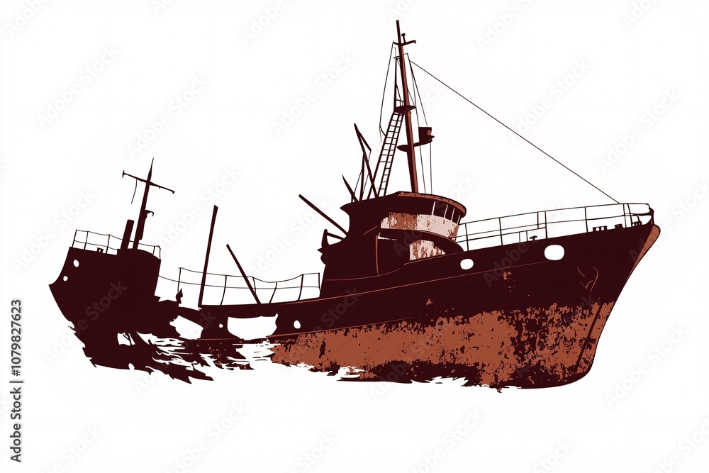 Fototapeta premium silhouette of a dilapidated ship with a corroded hull and shattered mast, ideal for marine-themed designs, set against a white background.