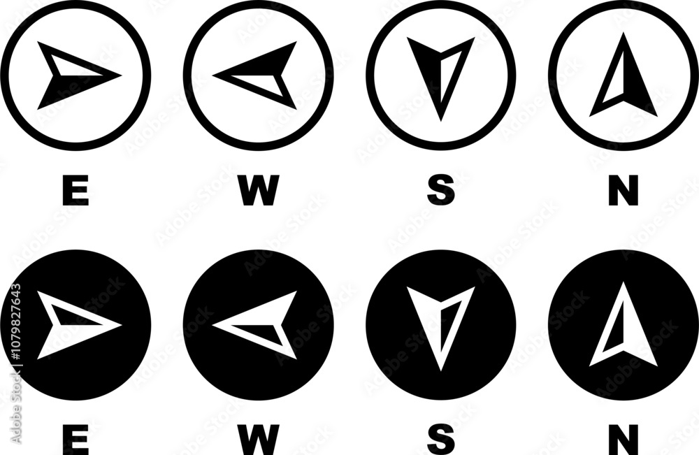 Set of compass icons with directional arrows pointing east, west, south, and north, perfect for navigation, mapping, app interfaces, and design elements Set of compass icons with directional arrows pointing east, west, south, and north, perfect for navigation, mapping, app interfaces, and design elements