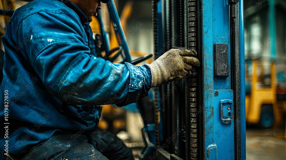 Worker adjusting a forklift hydraulic system in a warehouse Worker adjusting a forklift hydraulic system in a warehouse