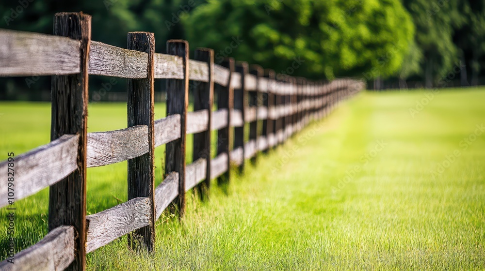 A rustic wooden fence stretches across a lush green field, showcasing natural beauty and tranquility in a rural landscape. A rustic wooden fence stretches across a lush green field, showcasing natural beauty and tranquility in a rural landscape.