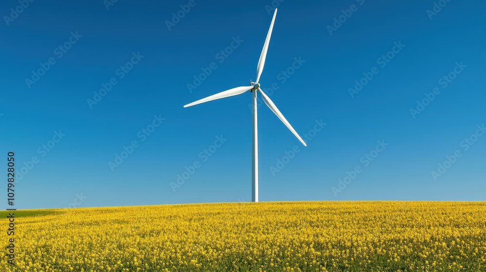 A scenic view of a wind turbine standing tall above a field of vibrant yellow flowers under a clear blue sky. A scenic view of a wind turbine standing tall above a field of vibrant yellow flowers under a clear blue sky.