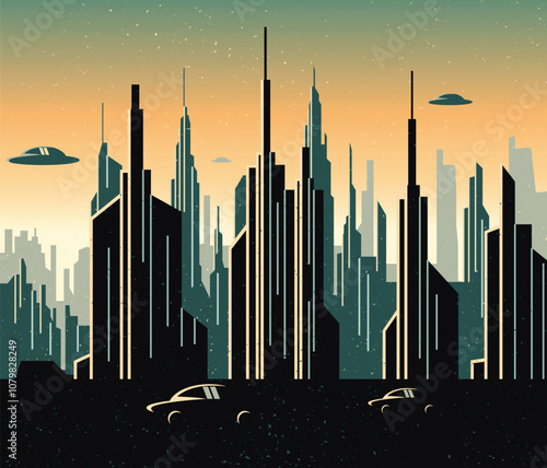 Abstract retro futuristic city background with vintage colors. Ideal for nostalgic designs, poster art, and futuristic visuals.