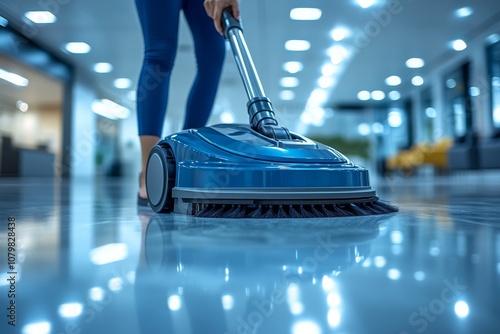 The blue hand-held floor cleaning machine is used by the woman to clean floors in an office building.