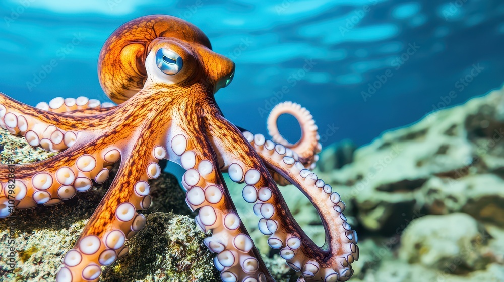 Naklejka premium A vibrant octopus gracefully moves through clear ocean waters, showcasing its unique colors and textures among the coral.