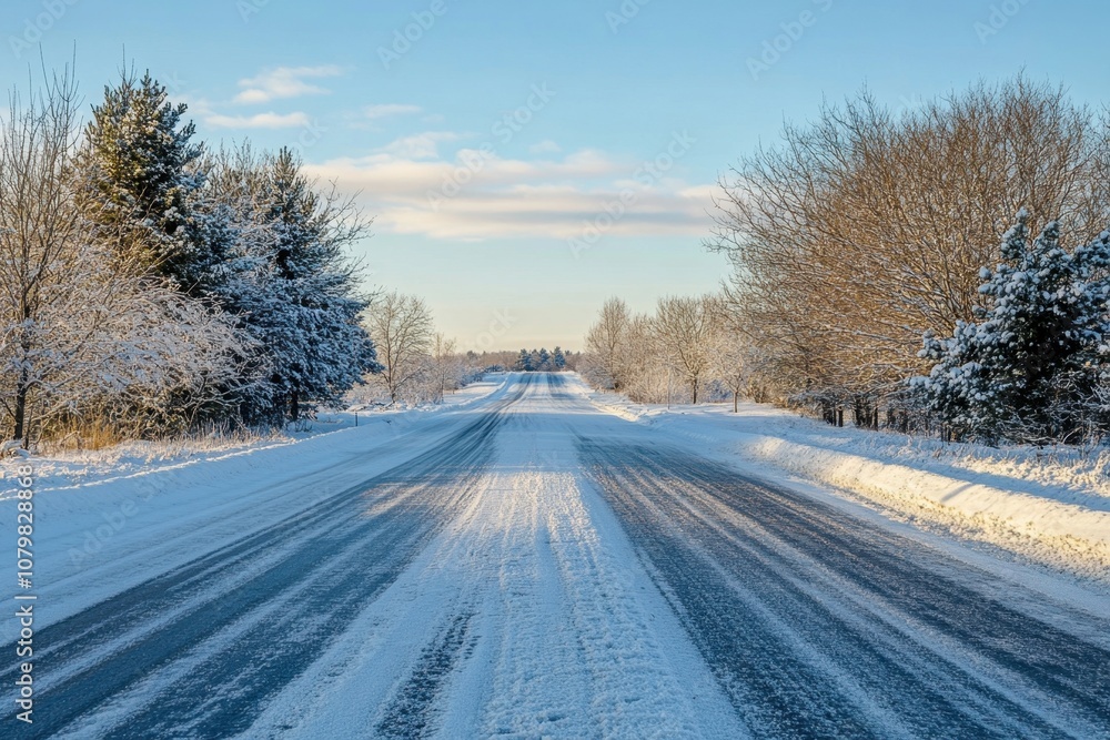 Obraz premium A long, snow-covered road stretches into the distance with a clear blue sky above.