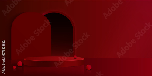 Minimalist circular podium stands in deep red studio interior with curved archway door backdrop, and ball decorative elements scattered around cylinder platform for luxury product or winner display.