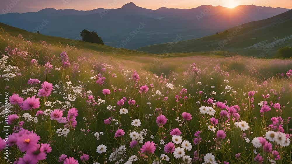 Sunrise Over Field of Flowers in Mountain Valley Sunrise Over Field of Flowers in Mountain Valley