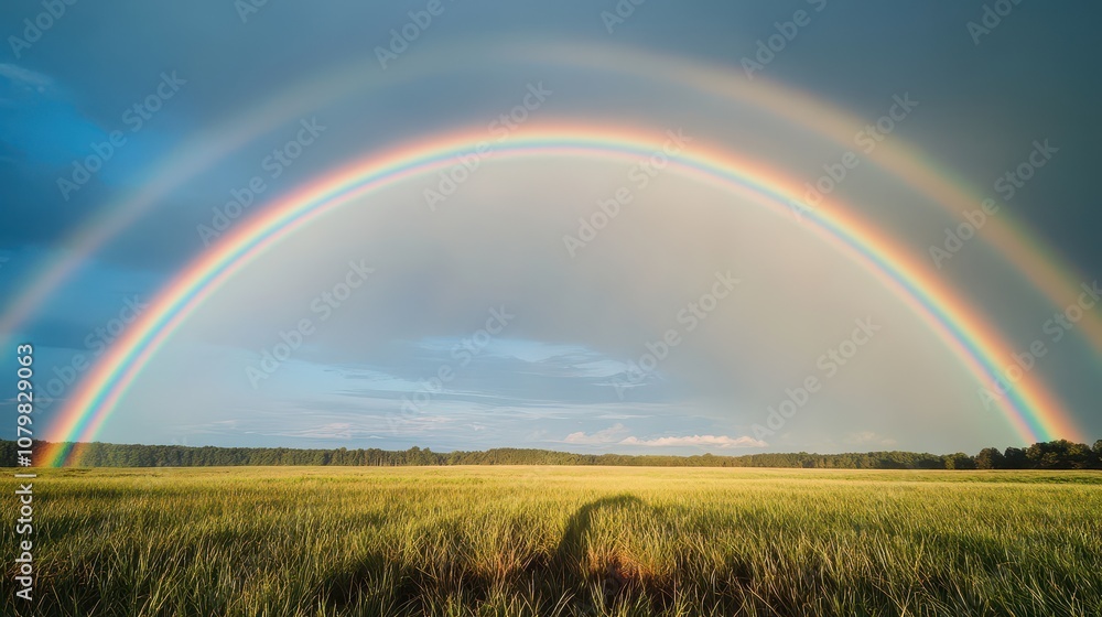 A stunning rainbow arcs over a vibrant field under a dramatic sky, showcasing nature's beauty and peaceful atmosphere. A stunning rainbow arcs over a vibrant field under a dramatic sky, showcasing nature's beauty and peaceful atmosphere.