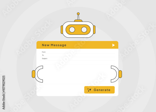 AI chatbot interface illustration, showing automated message generation. Robot icon with text fields for creating responses, highlighting chatbot technology and conversational AI for customer support