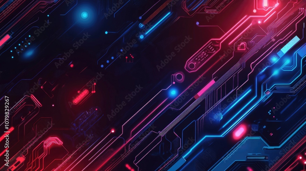 Abstract digital circuit board with glowing red and blue lines. Abstract digital circuit board with glowing red and blue lines.