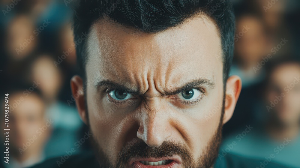 Close-up of an intense man expressing anger, showcasing deep emotions in a crowded environment. Close-up of an intense man expressing anger, showcasing deep emotions in a crowded environment.