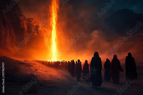 Thousands of Israelites follow the pillar of fire in the wilderness. Bible story.