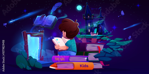 Boy reading open magical tale book and imagine misty medieval castle float on island in starry night sky, glowing portal and flying road to palace. Stack of children fairytales and fantasy literature.