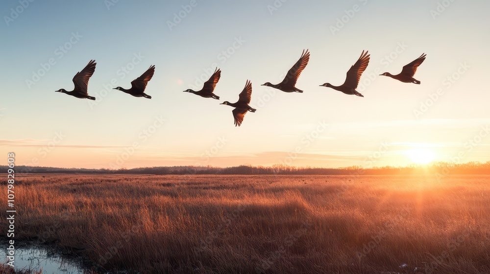 Fototapeta premium A peaceful sunset scene featuring a formation of birds flying across a tranquil landscape, reflecting nature's beauty and harmony.