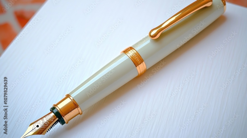 Naklejka premium Elegant fountain pen with a gold trim and a smooth white body.