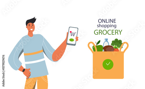 Online grocery shopping. customer orders food from a supermarket through an app on their phone.food selection concept. Flat cartoon vector illustration isolated on white background.