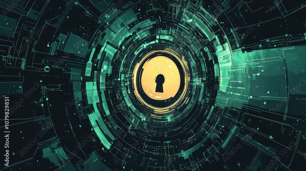 Abstract digital keyhole in a green and yellow circle. Abstract digital keyhole in a green and yellow circle.