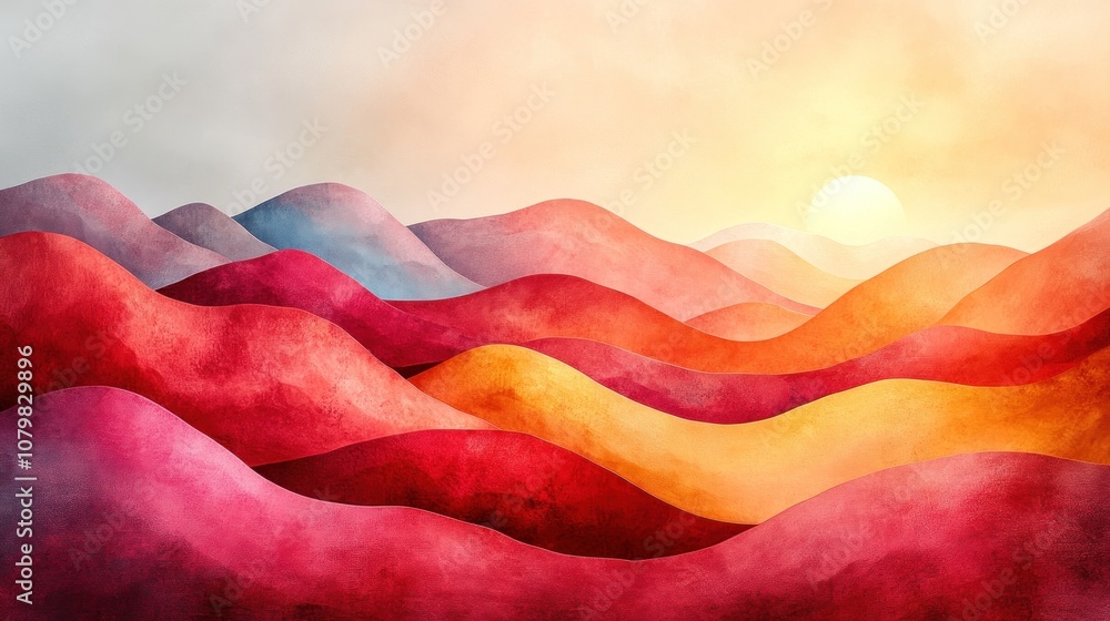 Watercolor Sunset Over Hills Watercolor Sunset Over Hills