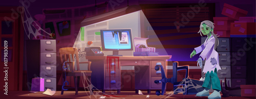 Deserted detective office with spooky zombie character walking among broken furniture and cobwebs. Old computer screen, scattered papers and damaged wooden table. Creepy police bureau with monster.
