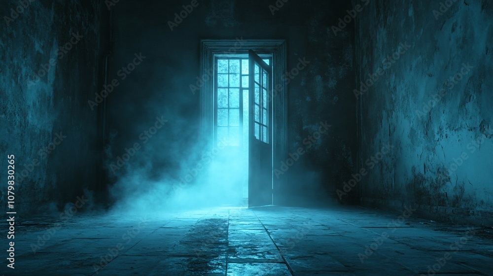 A mysterious, dark room with an open door revealing a bright light and fog. A mysterious, dark room with an open door revealing a bright light and fog.