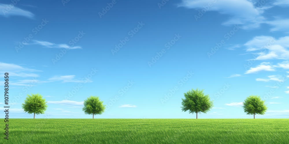 Lush Green Meadow with Gentle Hills and Vivid Blue Sky, Featuring Several Lush Trees in the Distance Under a Vast and Clear Horizon for Scenic Nature Imagery Lush Green Meadow with Gentle Hills and Vivid Blue Sky, Featuring Several Lush Trees in the Distance Under a Vast and Clear Horizon for Scenic Nature Imagery
