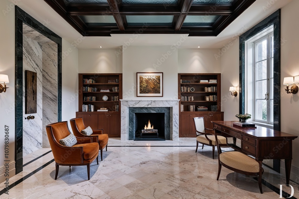 Fototapeta premium Elegant Study Design Featuring Marble Flooring Glazed Ceiling Beams and Cozy Fireplace in Luxurious Interior