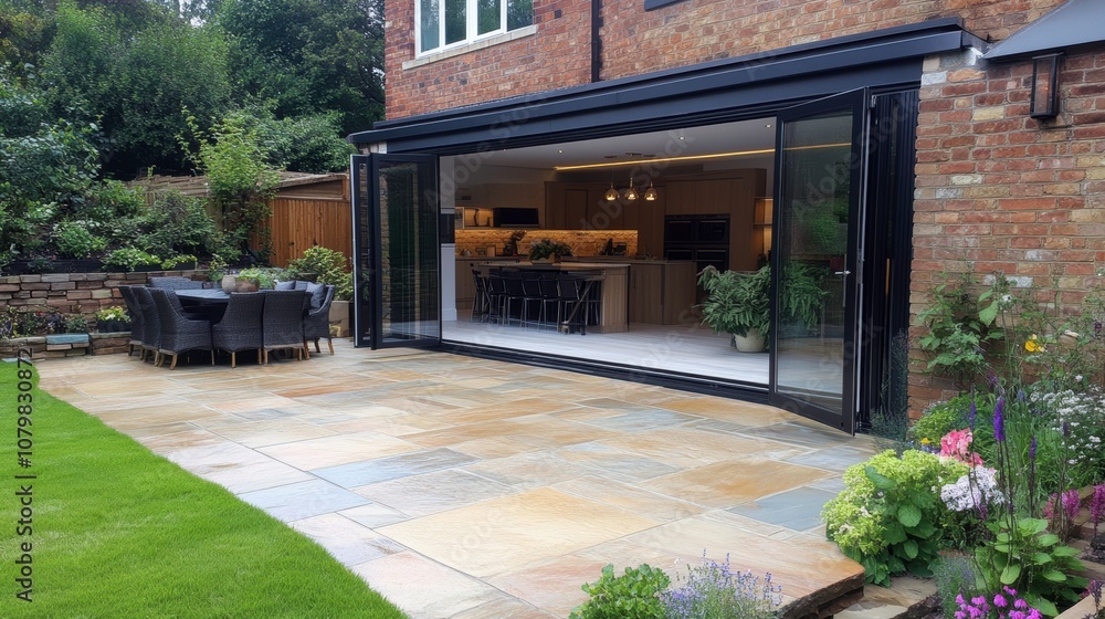 Beautiful Indian Sandstone Patio With Garden and Bifold Doors for Outdoor Living. Generative AI Beautiful Indian Sandstone Patio With Garden and Bifold Doors for Outdoor Living. Generative AI