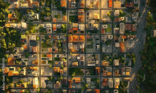 Aerial view of a dense city grid with diverse architectural styles, urban complexity, 3D illustration