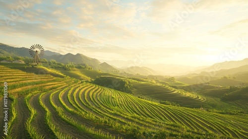 Wallpaper Mural Serene Evening in Rural China - Terraced Fields, Windmill, Clear Sky with Fluffy Clouds | Ultra-Detailed Landscape Photography Torontodigital.ca