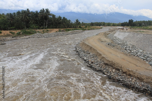 Stone embankment along the Palu river, Central Sulawesi.