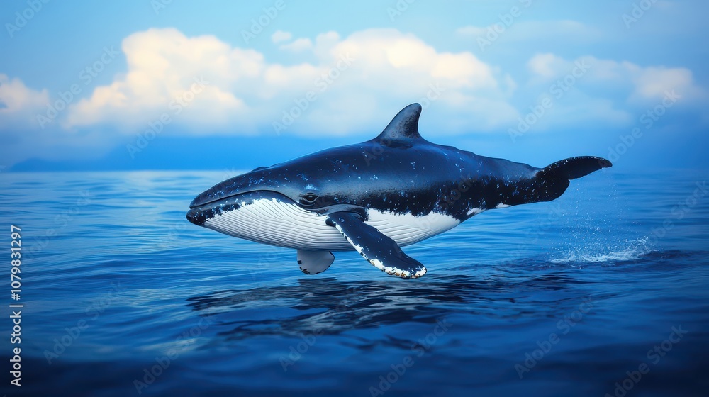 Fototapeta premium A majestic whale gracefully breaching the ocean surface under a clear blue sky, showcasing nature's beauty and power.