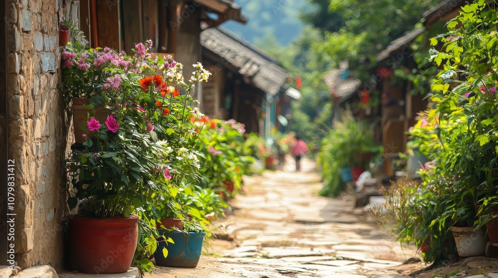Authentic Village Life: Charming Rural Street in China with Traditional Homes, Colorful Flower Pots, and Playful Children Authentic Village Life: Charming Rural Street in China with Traditional Homes, Colorful Flower Pots, and Playful Children