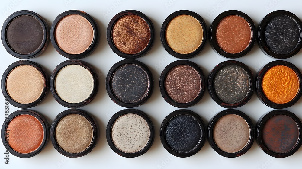 Close-Up of Assorted Eyeshadow Shades in Round Containers Displayed on a White Surface for Makeup and Beauty Themes Close-Up of Assorted Eyeshadow Shades in Round Containers Displayed on a White Surface for Makeup and Beauty Themes
