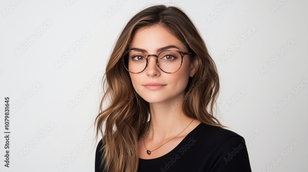 Fototapeta premium Happy young adult woman wearing modern stylish eyeglasses for eyesight correction looking at camera advertising glasses or optics store isolated on white background.