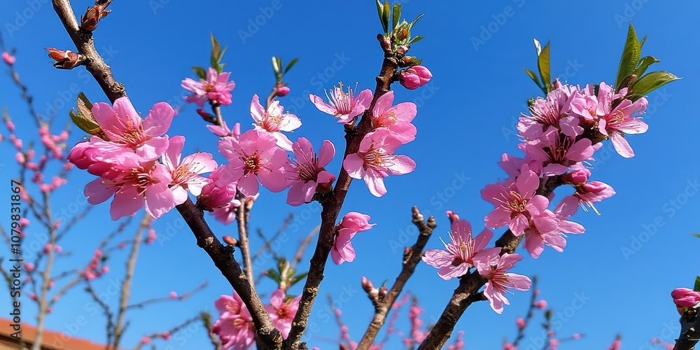 Beautiful Pink Cherry Blossom Branch Against Clear Blue Sky, Showcasing Delicate Flowers in Full Bloom, Perfect for Nature and Spring-themed Projects Beautiful Pink Cherry Blossom Branch Against Clear Blue Sky, Showcasing Delicate Flowers in Full Bloom, Perfect for Nature and Spring-themed Projects