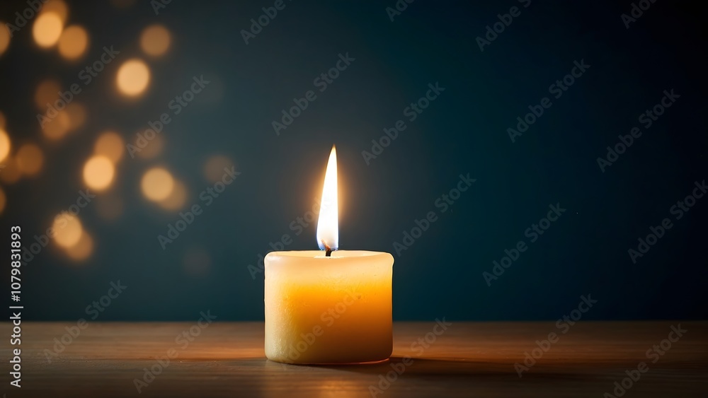 A Single Lit Candle on a Wooden Table Casts a Warm Glow in a Dimly Lit Room With a Bokeh Background A Single Lit Candle on a Wooden Table Casts a Warm Glow in a Dimly Lit Room With a Bokeh Background