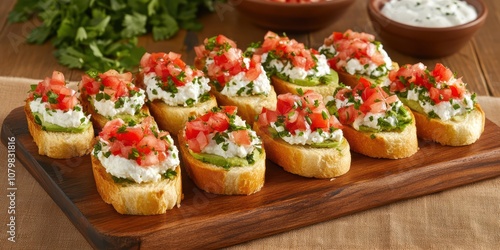 Fresh and Delicious Bruschetta with Tomato, Basil, and Cream Cheese Served on a Wooden Platter in a Rustic Kitchen Setting