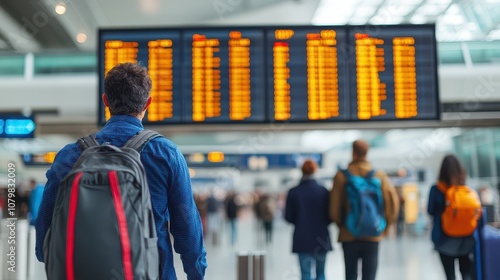 Traveler looking at flight information board in busy airport terminal, capturing the essence of modern travel.